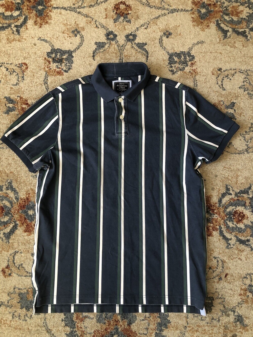 Abercrombie & Fitch Polo Shirt Mens Size Large Blue Striped Short Sleeve Stretch